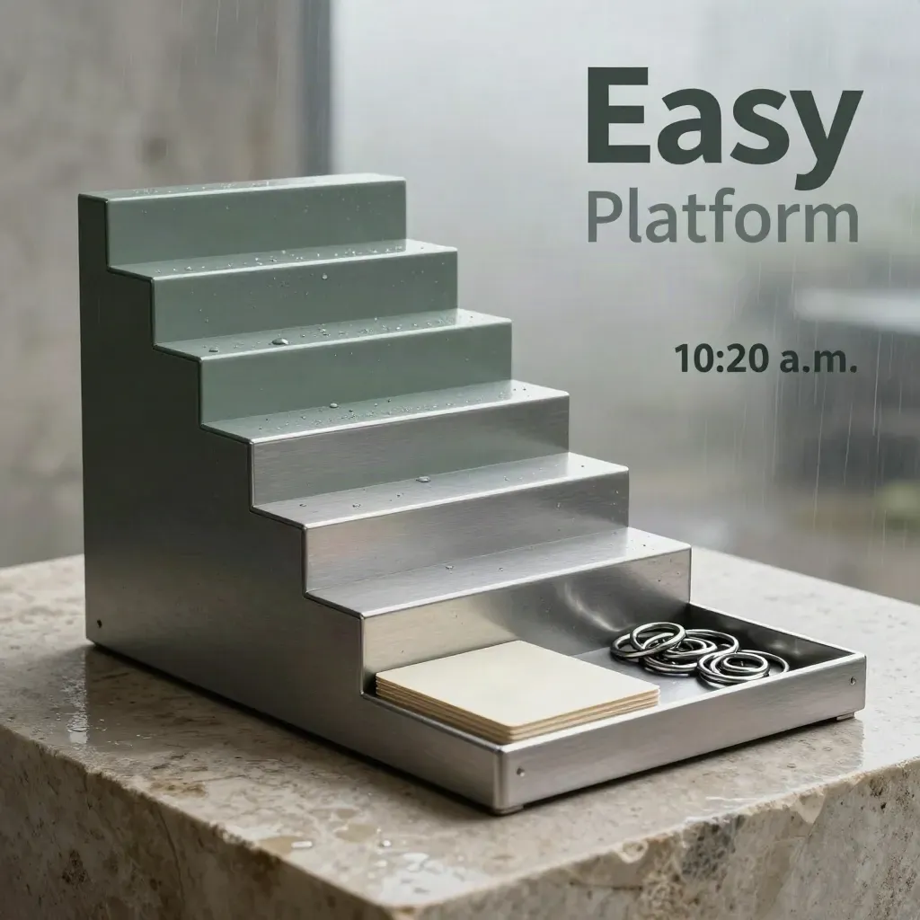 Brushed-metal workflow tray, ivory cards, and steel rings on wet pale stone in moody light.