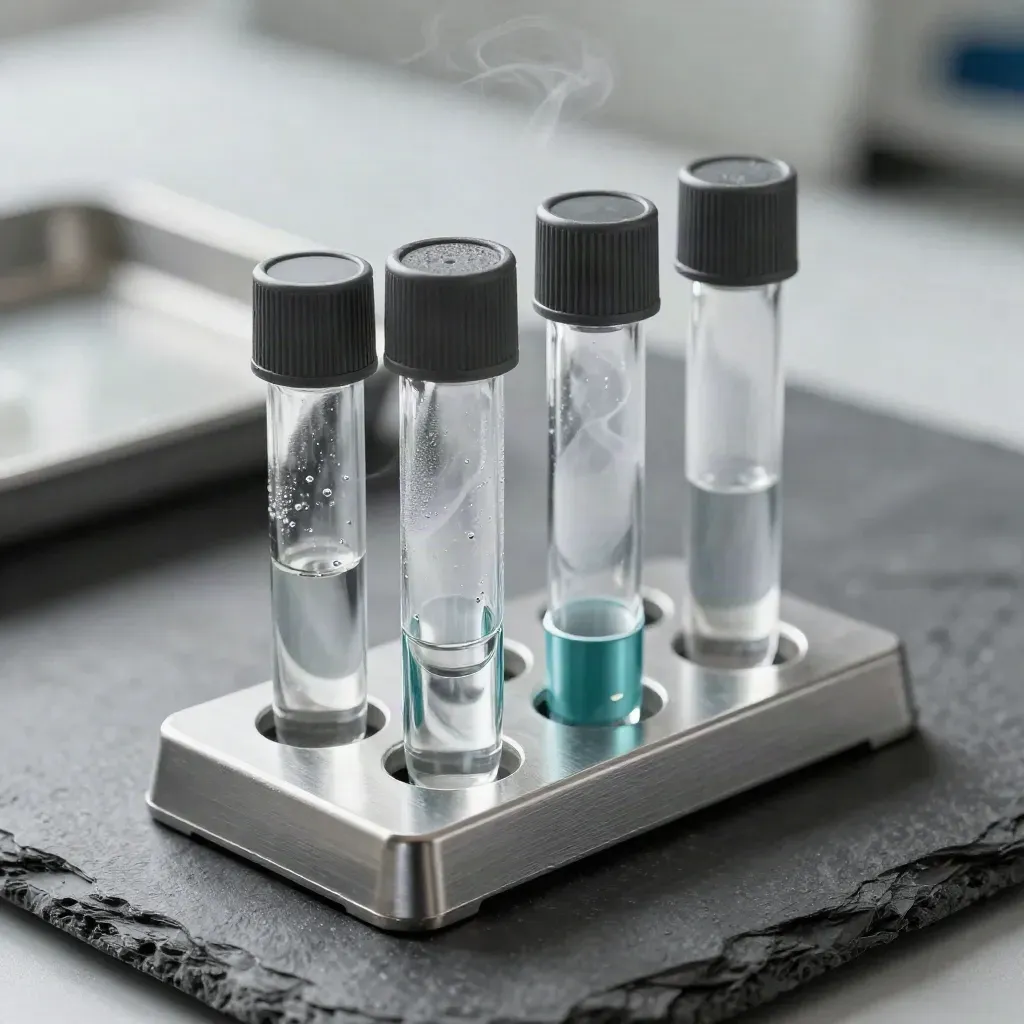 Macro frosted sample vials in an aluminum rack with teal accent and cool vapor.