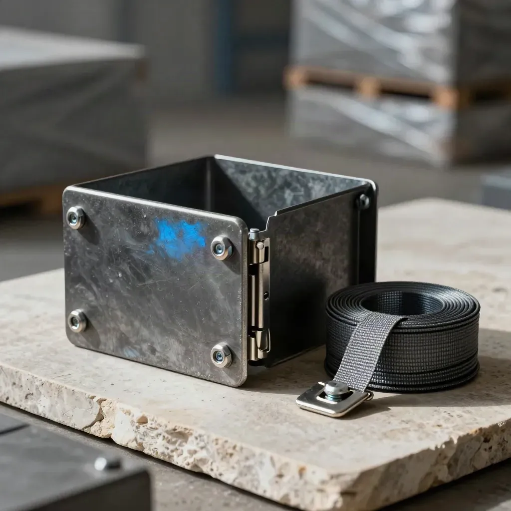 Steel crate guards, bolts and a cargo latch on pale stone in hazy warehouse light.