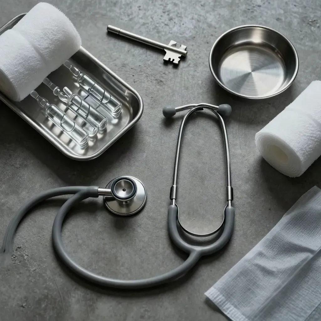 Top-down medical still life with stethoscope, ampoules, and gauze on brushed concrete.