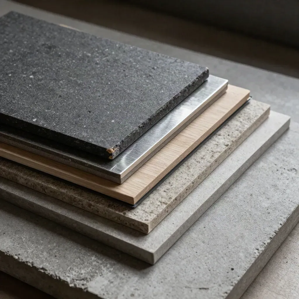 Architectural material swatches fanned on concrete, graphite, stone, oak, brushed metal.