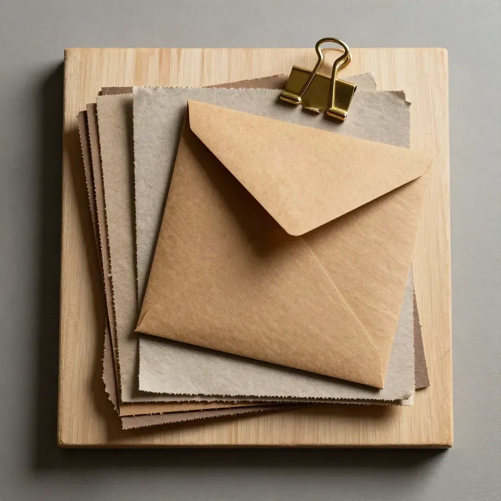 Overhead still life of recycled paper swatches, kraft envelopes and brass clips on pale wood.