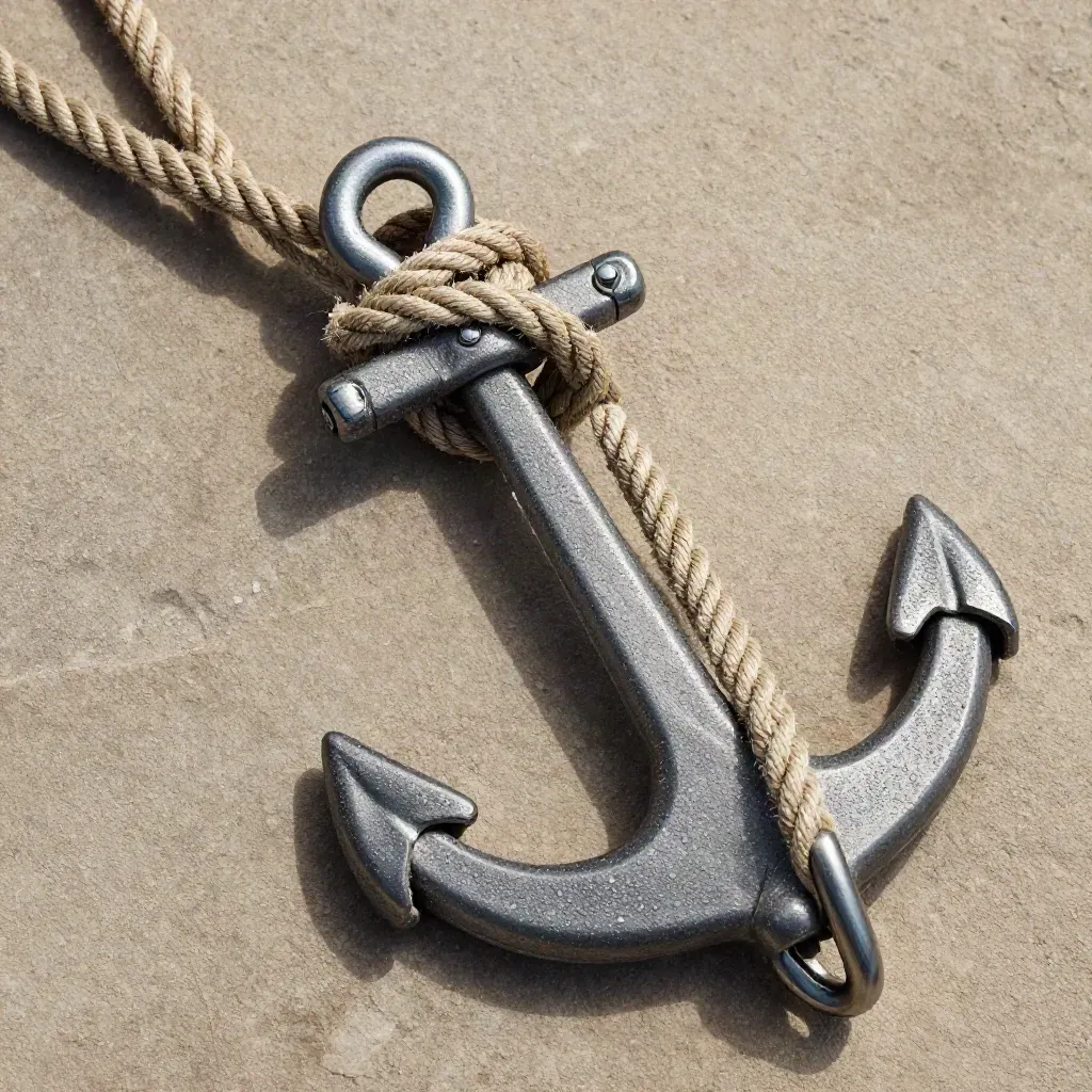 Top-down maritime still life with coiled rope, deck cleats, and snap hooks on sand stone.