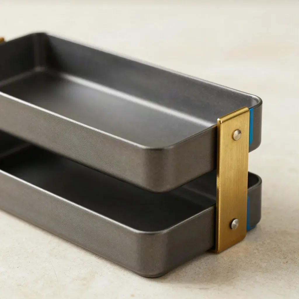 Top-down macro of a metal tray organizer with slate dividers and a brass index stand