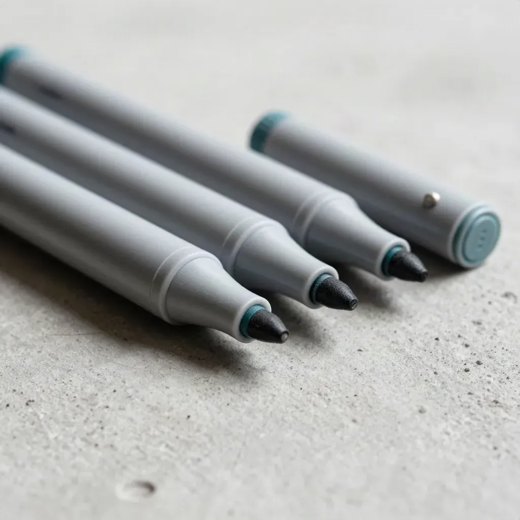 Macro of matte magnetic markers tipping beside a spring-steel clip on pale concrete.