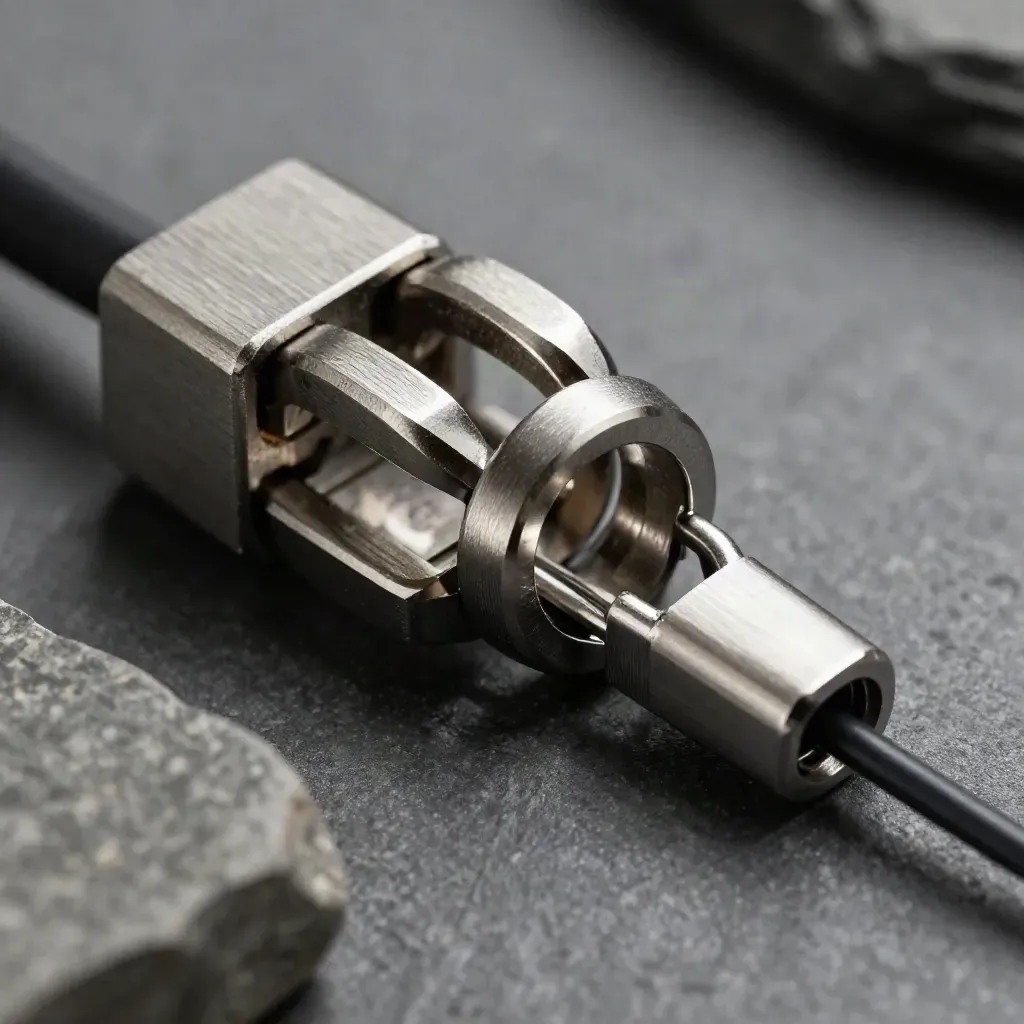 Steel connector rings and coupler on brushed stone, lit dramatically from above.
