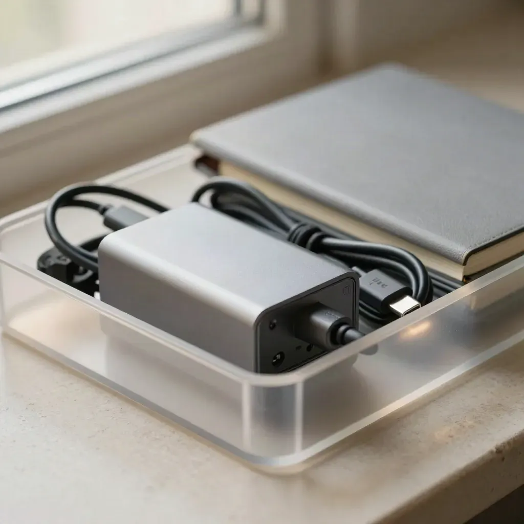 Startup founders' kit: acrylic caddy, aluminum tray, power brick, closed notebook on pale stone