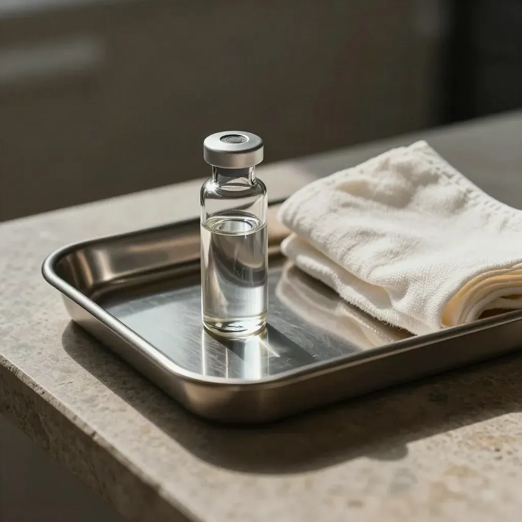 Stainless tray, glass vial and folded gauze on warm stone with dramatic bokeh light.