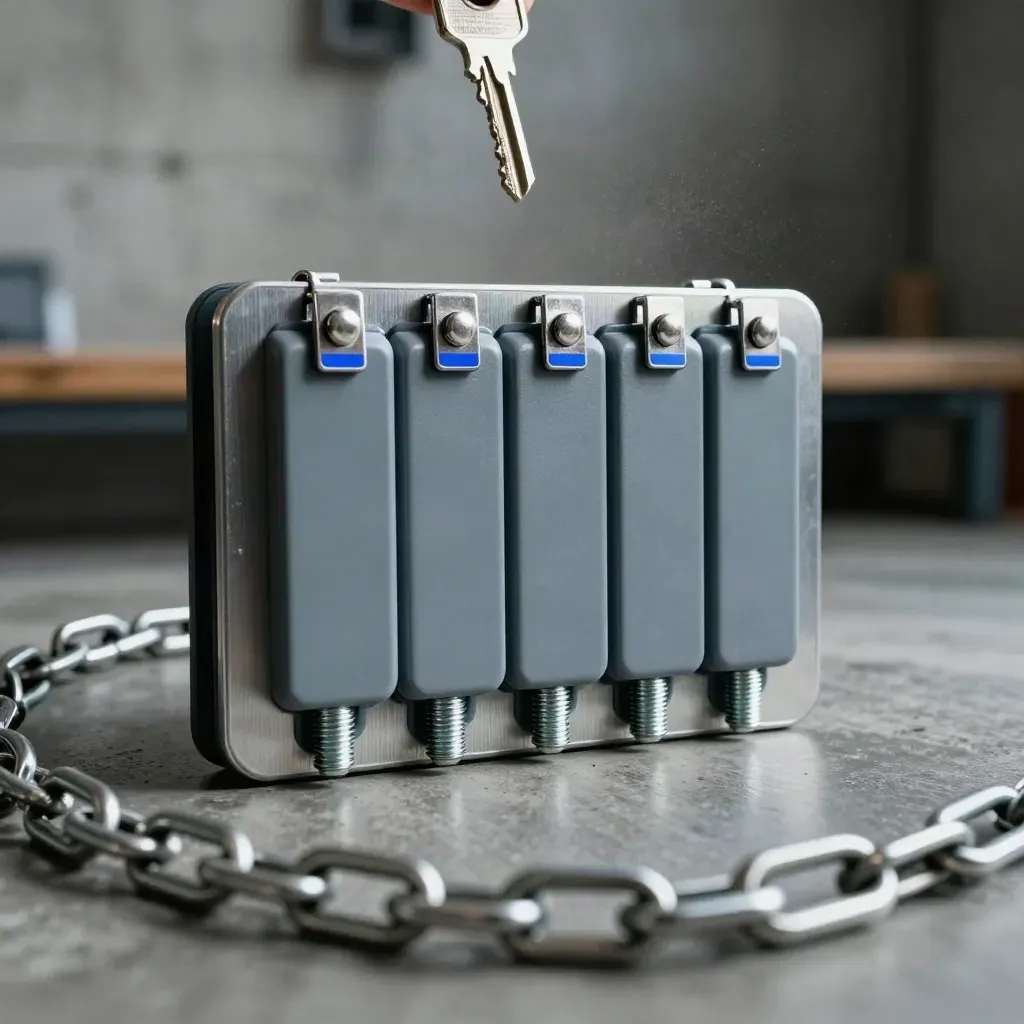 Steel job-tag rack, blank markers and routing tokens on concrete, seen through a blurred chain.