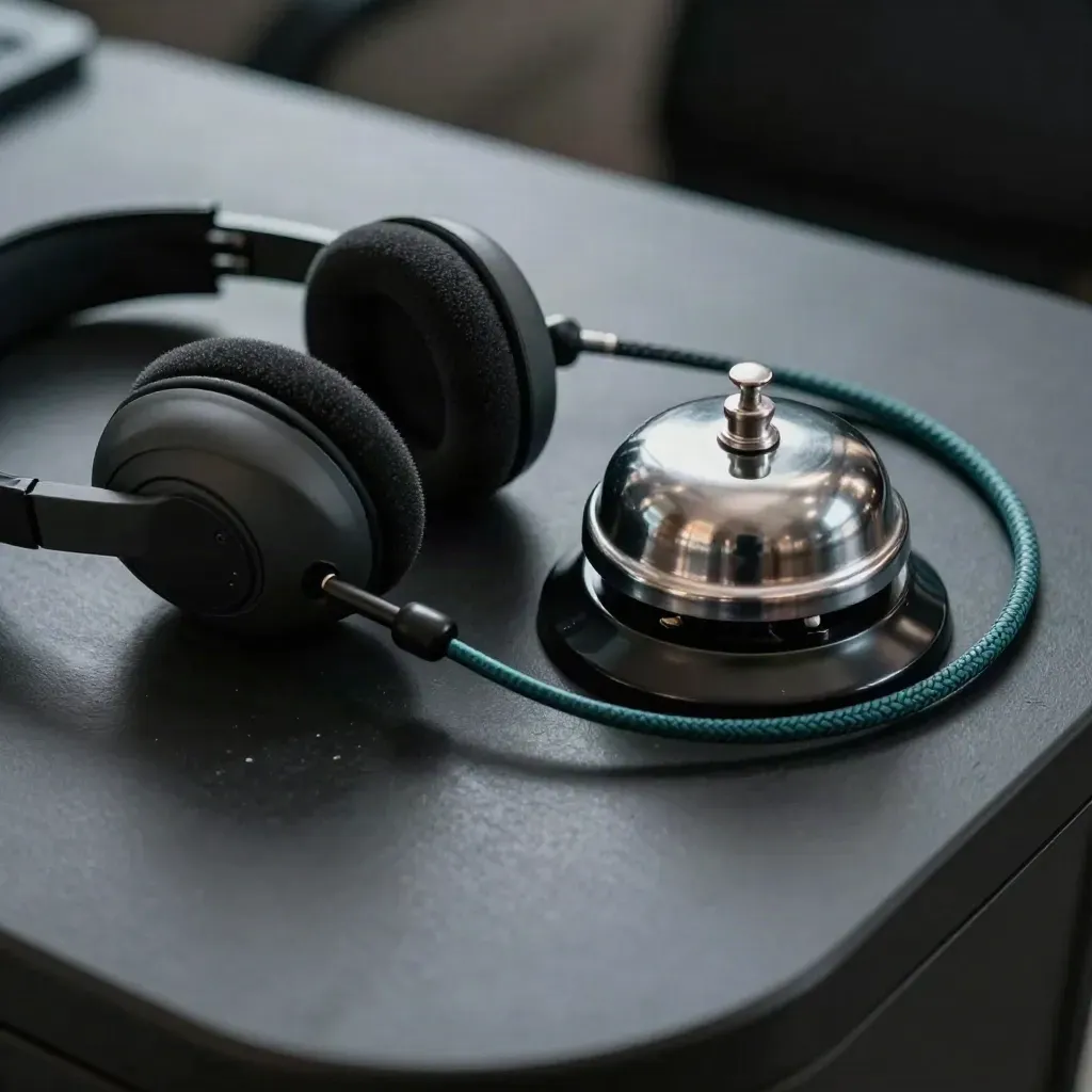 Headset cradle, desk bell, and teal cable loop on charcoal surface.