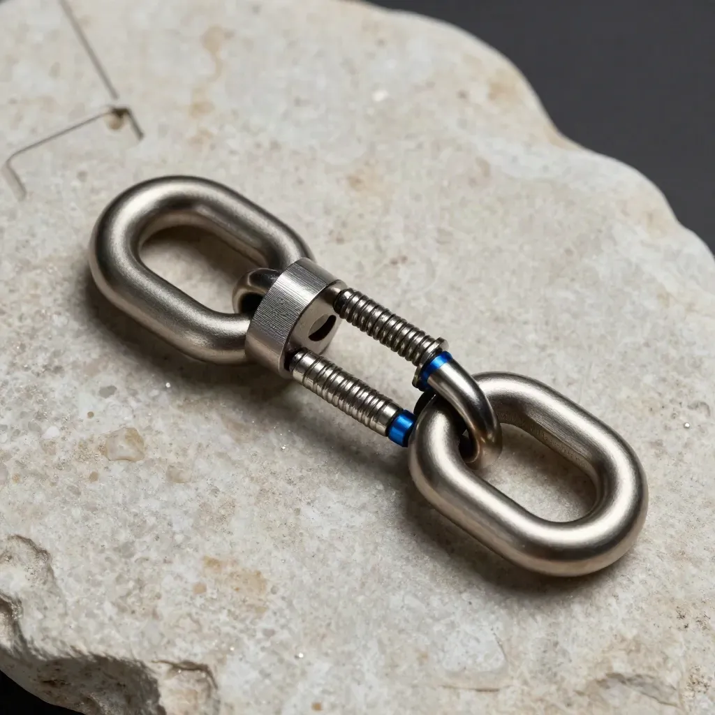 Brushed-aluminum rings and a magnetic block linked on pale stone with an azure accent.