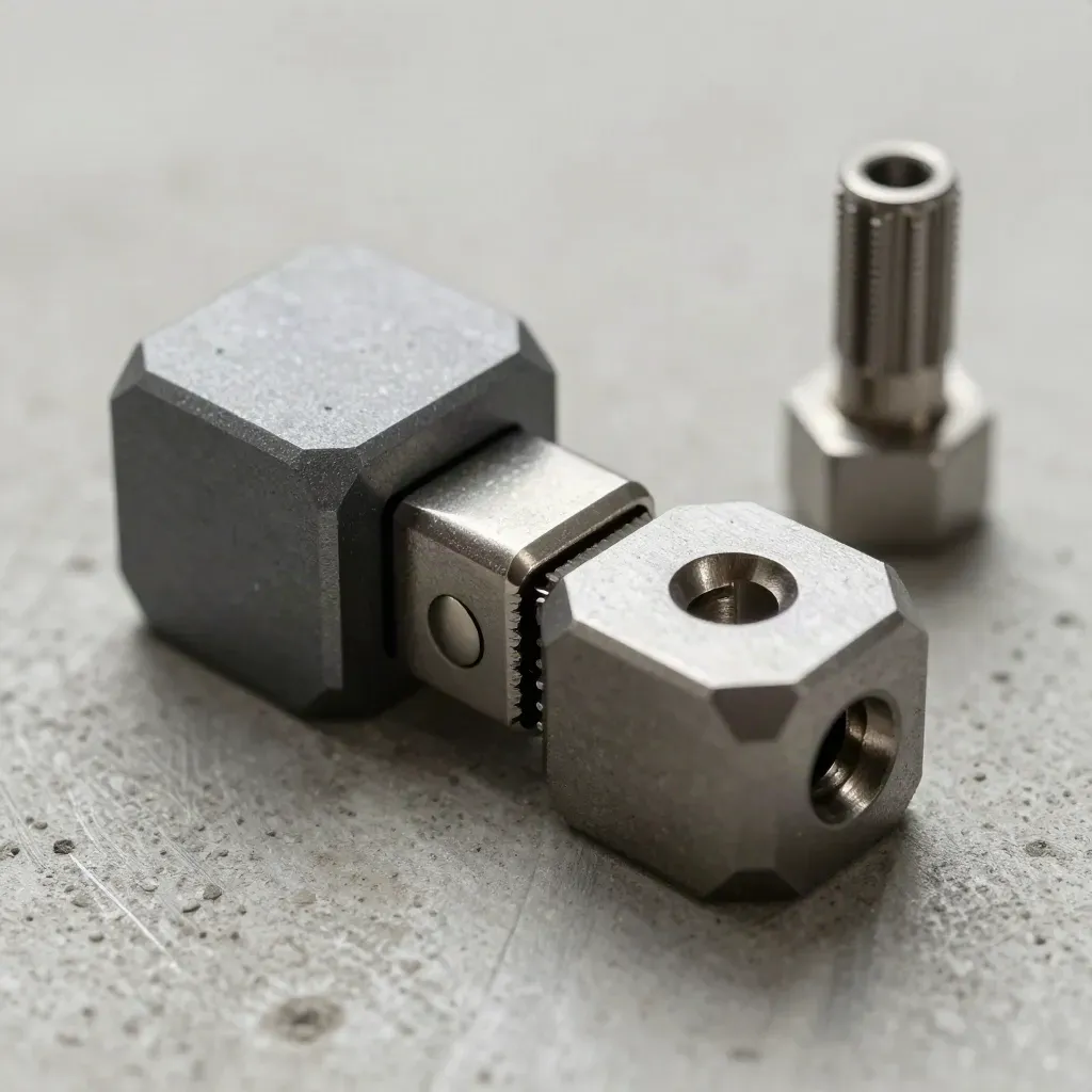 Macro still life of hex metal connectors and a steel hinge on brushed concrete.