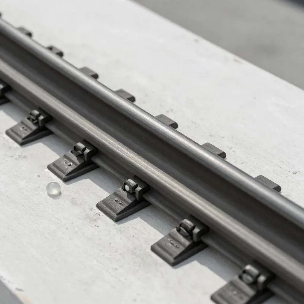 Precision rails and snap-fit blocks on pale plaster, lit from upper left