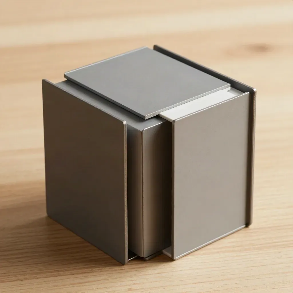 Graphite modular blocks and metal connector parts stacked on pale wood
